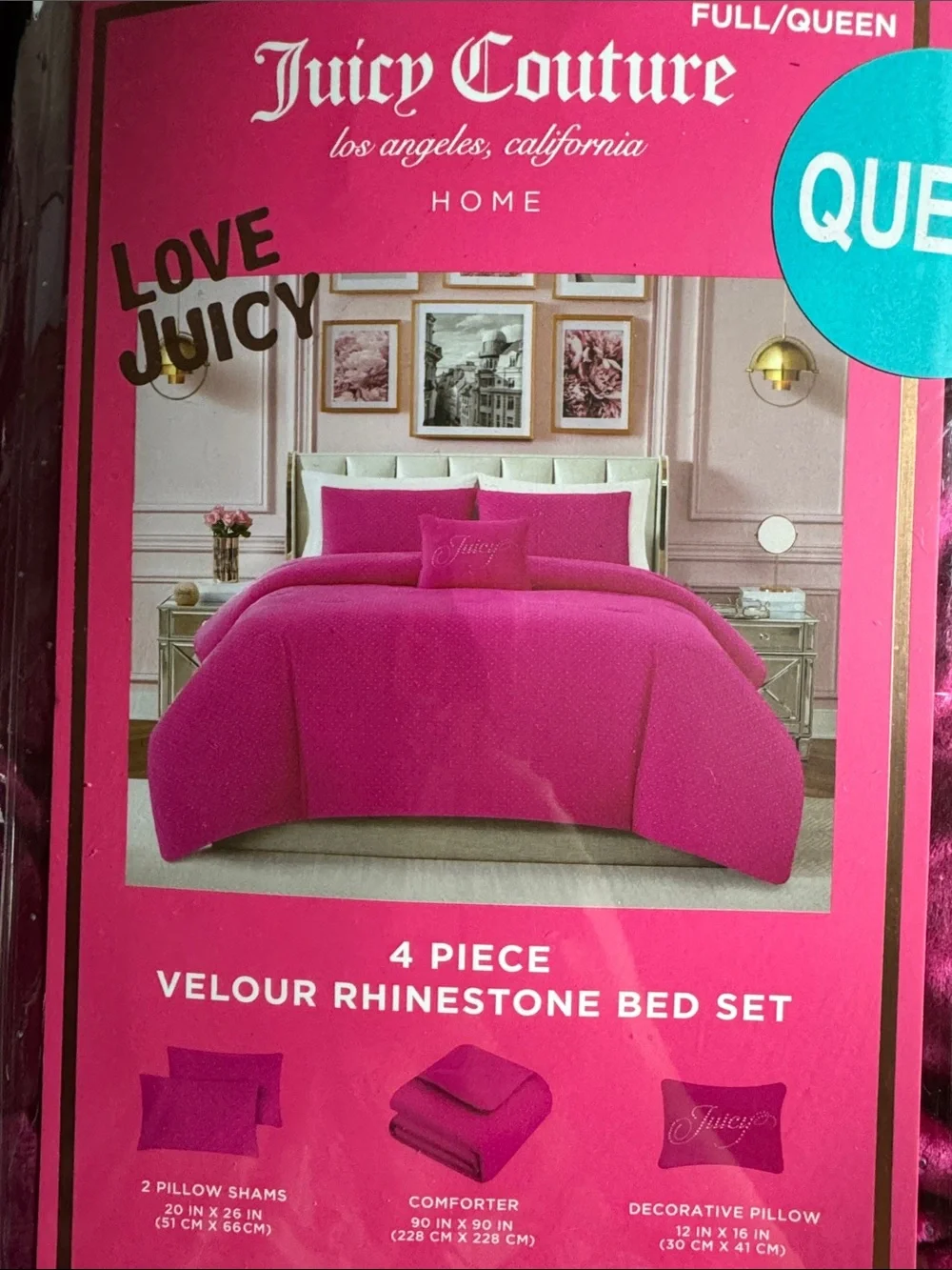 Juicy Couture Full/Queen Pink Velour Rhinestone 4 Pcs Comforter Sham Pillow Set